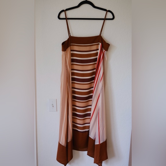 DKNY sleeveless midi slip dress asymmetrical hem mixed stripe brown size SMALL - Picture 4 of 6
